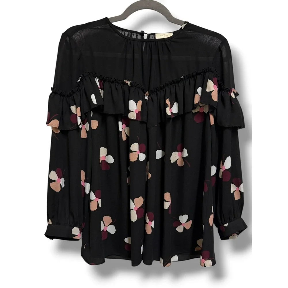 Kate Spade Dusk Buds Ruffle Top Black Floral Blouson Sleeve Sheer Chiffon Blouse